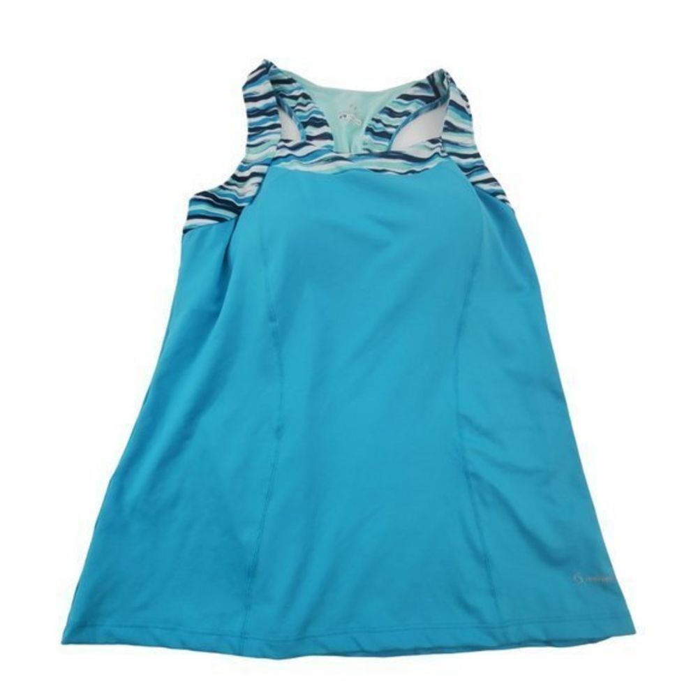 Moving Comfort Tank Top L 36A 36B 38A Workout Racerback Blue Stripe Athletic